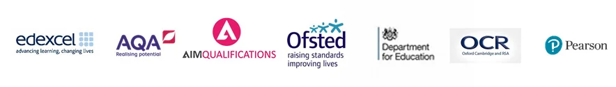 Governing body logos including Ofsted, AQA, Edexcel, AIM, Department for Education, OCR, and Pearson